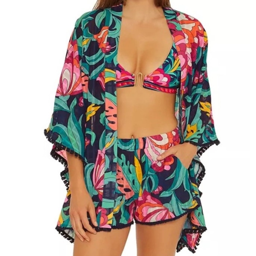 Trina Turk 'India Garden' Fringe-Trim Kimono Swimsuit Coverup